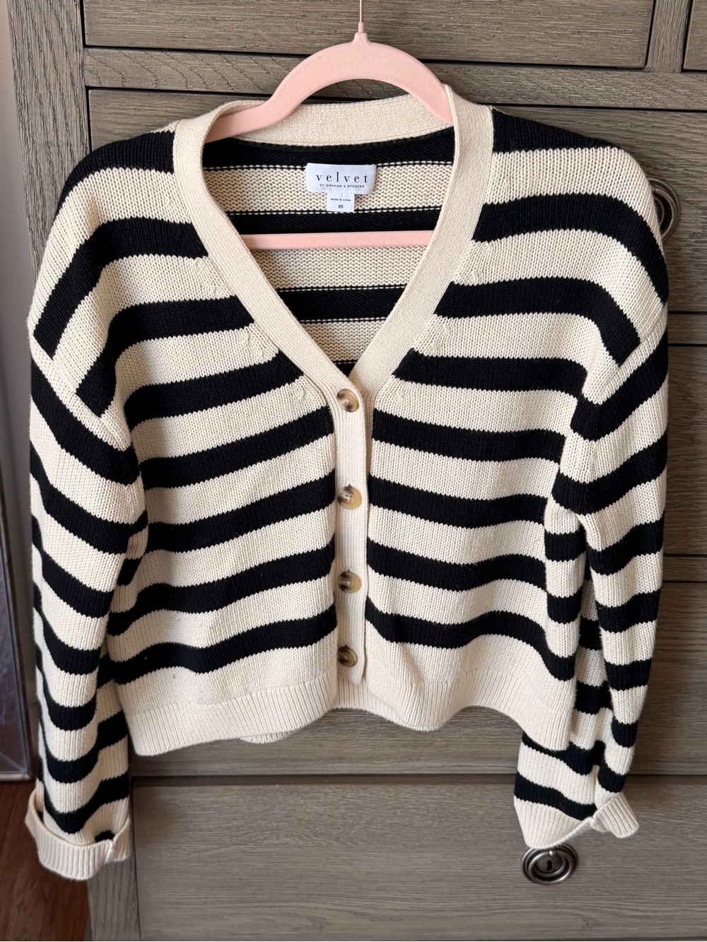 Velvet by Graham & Spencer/ Black and Cream Striped V-Neck Cardigan Sweater